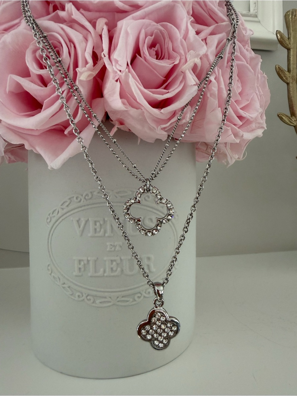 Silver Double-Layer Clover Pendant Necklaces